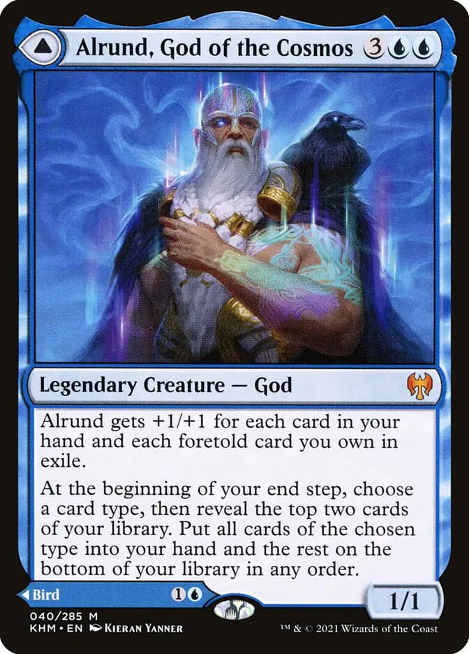 Card image of Alrund, God of the Cosmos / Hakka, Whispering Raven