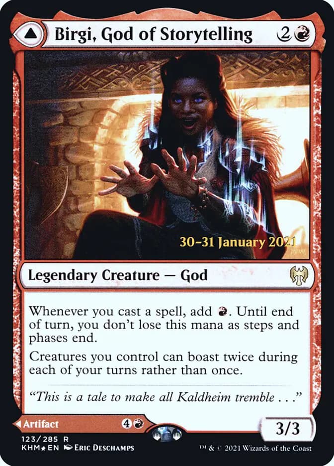 Card image of Birgi, God of Storytelling / Harnfel, Horn of Bounty