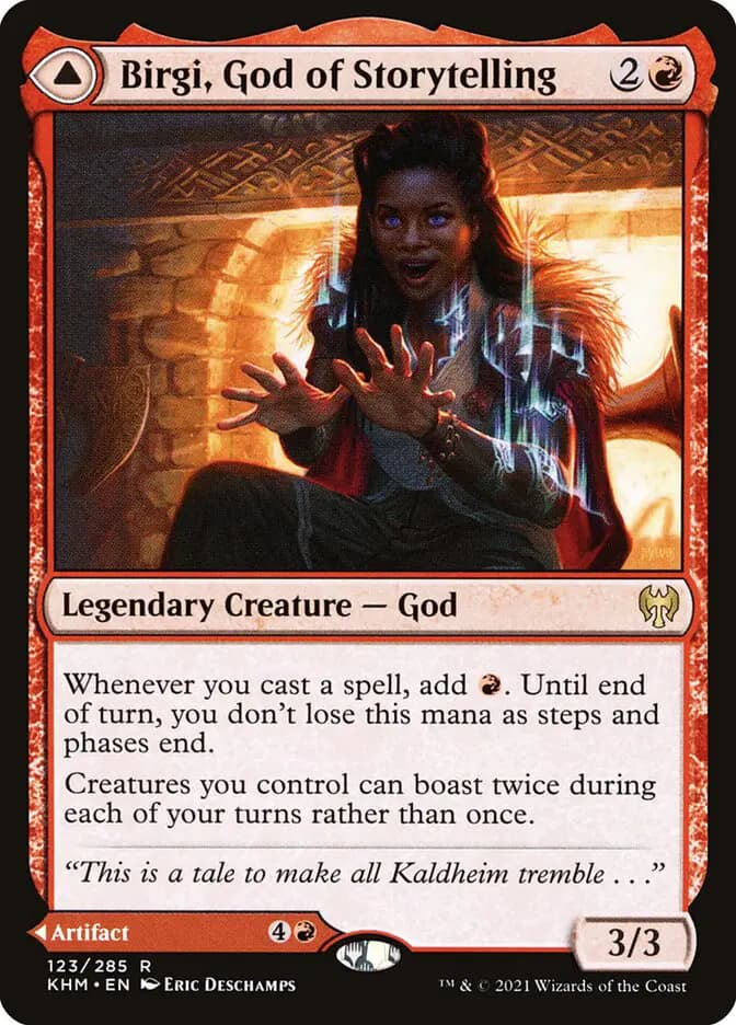 Card image of Birgi, God of Storytelling / Harnfel, Horn of Bounty