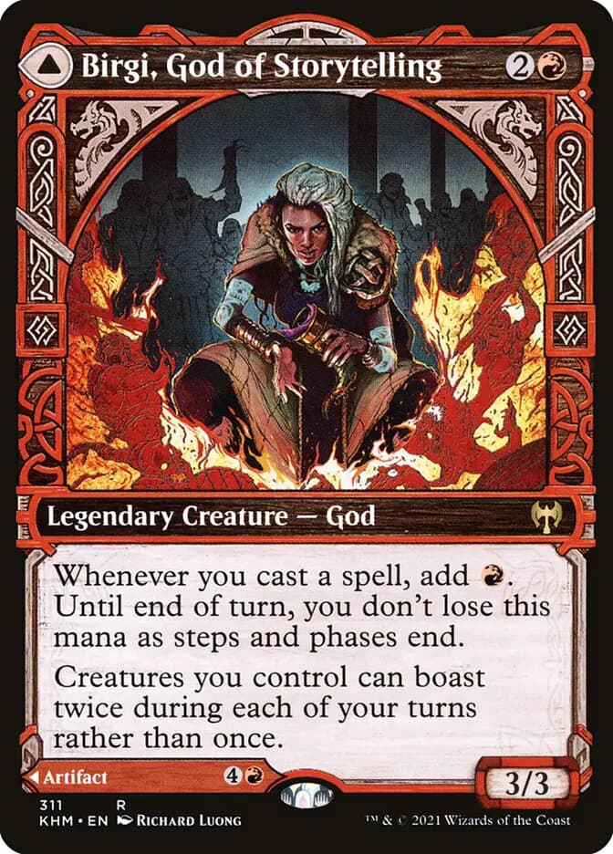 Card image of Birgi, God of Storytelling / Harnfel, Horn of Bounty