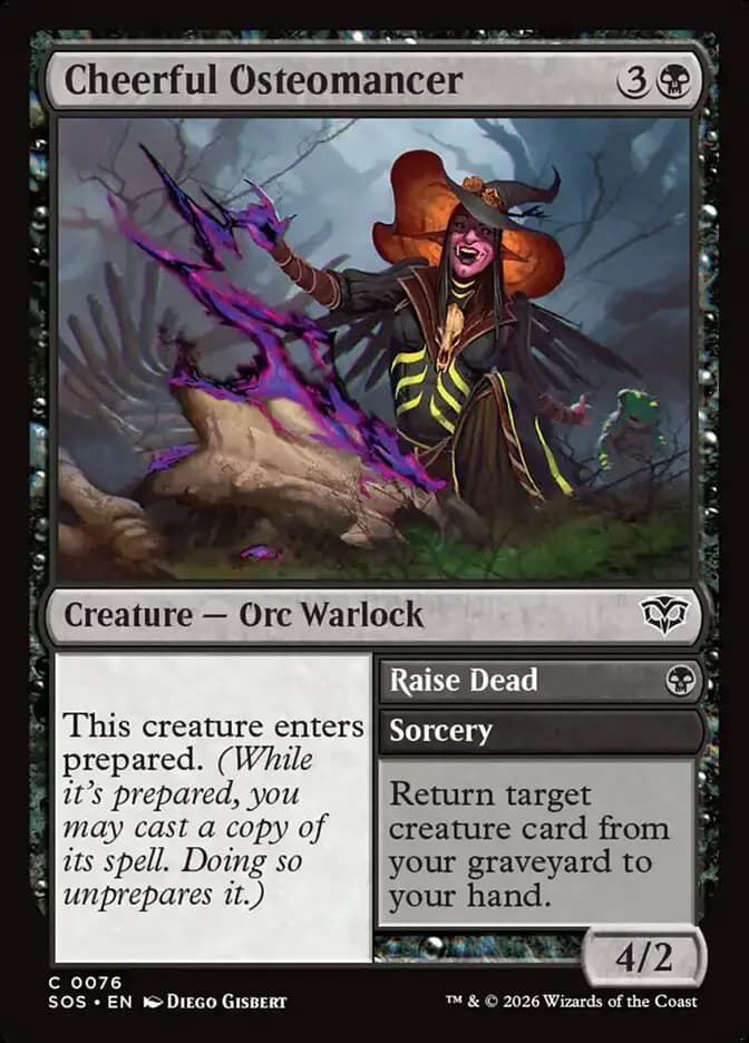 Card image of Cheerful Osteomancer / Raise Dead