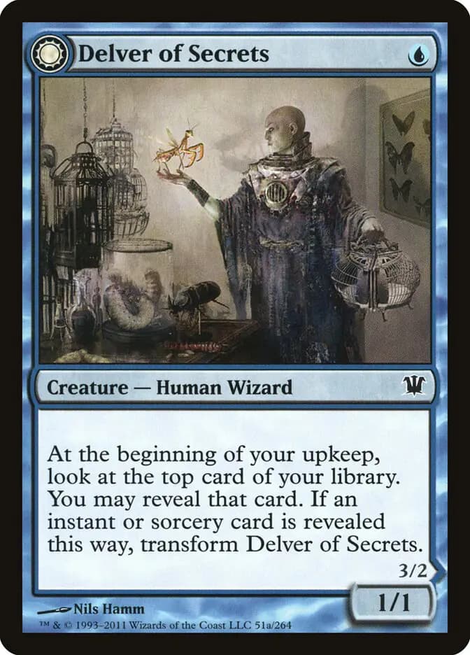Card image of Delver of Secrets / Insectile Aberration