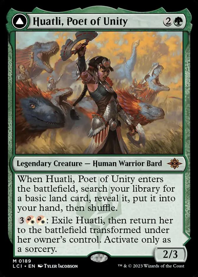 Card image of Huatli, Poet of Unity / Roar of the Fifth People