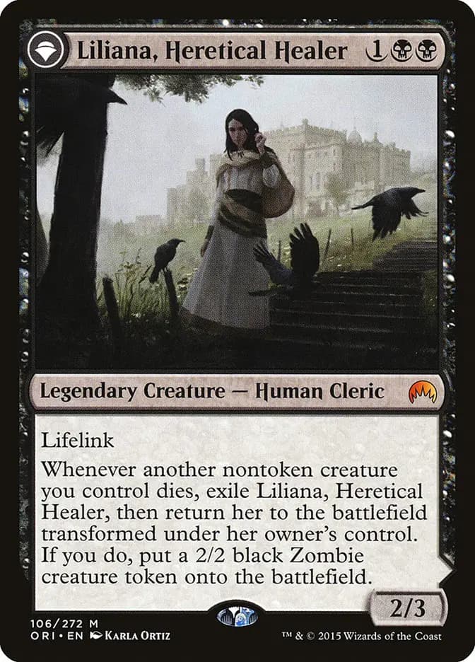 Card image of Liliana, Heretical Healer / Liliana, Defiant Necromancer