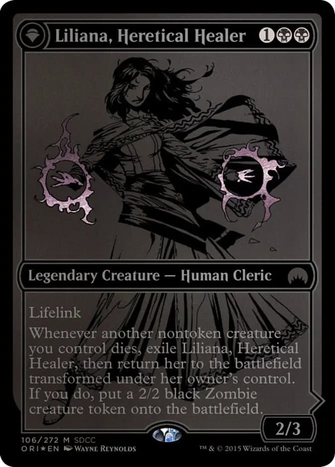 Card image of Liliana, Heretical Healer / Liliana, Defiant Necromancer