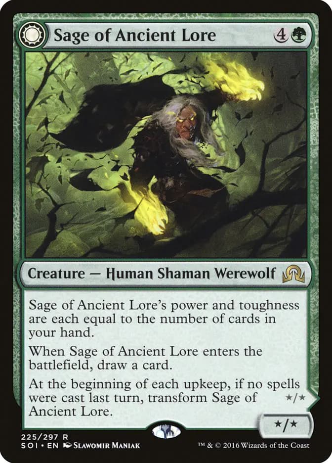 Card image of Sage of Ancient Lore / Werewolf of Ancient Hunger