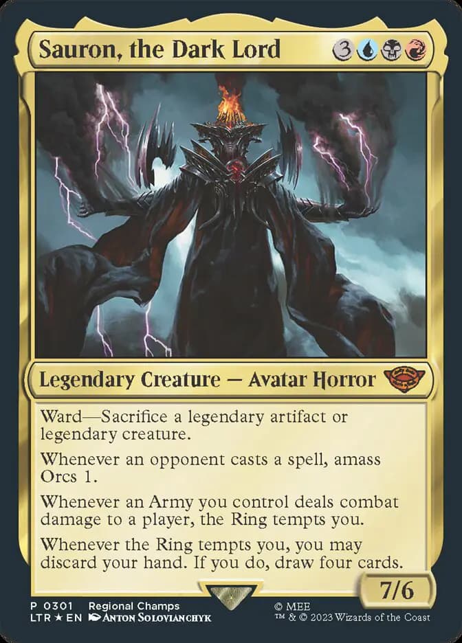 sauron mtg card Generic Sauron, The Dark Lord 01 Foil create a 0/0 black Orc Army creature token first.) The Lord of the Rings Relic of Sauron from The