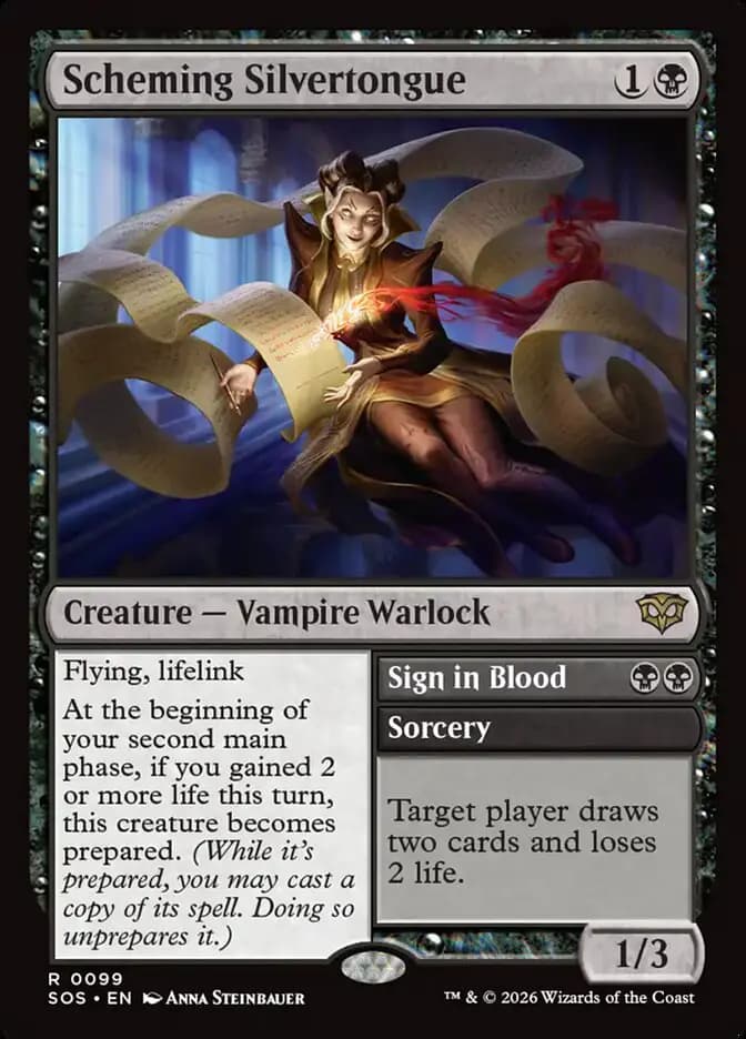 Card image of Scheming Silvertongue / Sign in Blood