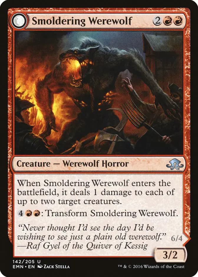 Card image of Smoldering Werewolf / Erupting Dreadwolf