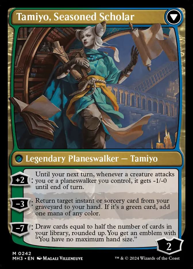 Card image of Tamiyo, Inquisitive Student / Tamiyo, Seasoned Scholar
