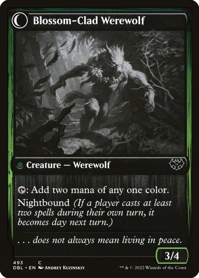 Card image of Weaver of Blossoms / Blossom-Clad Werewolf
